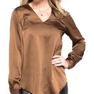Universal Standard Eva Long Sleeve Satin V-Neck Blouse in Caramel size 22